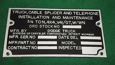 Dodge M37 G741 V41 Radio Telephone Wire Mant Truck Data Plate (P12) • $11.50