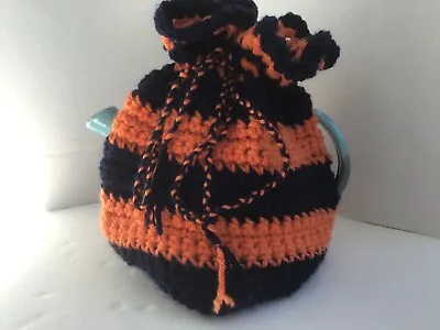 £3.99 • Buy New Handmade Crocheted Tea Cosy Navy Blue & Orange For 4 Cup Teapot 