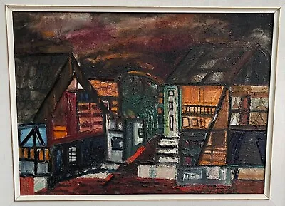 Vintage 60s Abstract Architectural Oil Painting Mid Century Modern Signed Wilder • $795