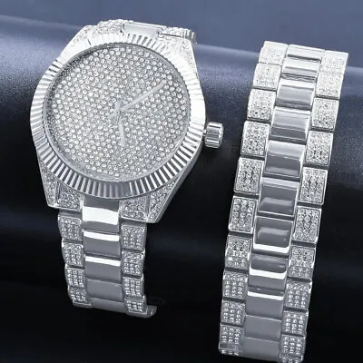  Men's White Gold 2 Tone Watch Bling Simulated Diamond Hip Hop Bracelet Gift Set • £86.73