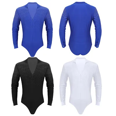 Men Long Sleeves Shiny Rhinestones Latin Rumba Dance Ballroom Shirt Top Bodysuit • £15.23