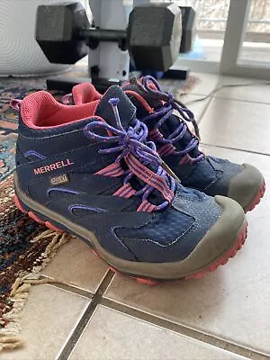 Merrell Girl's Chameleon 7 Access Mid Hiking Boots Size 2 Kids - Blue & Hot Pink • $8.90