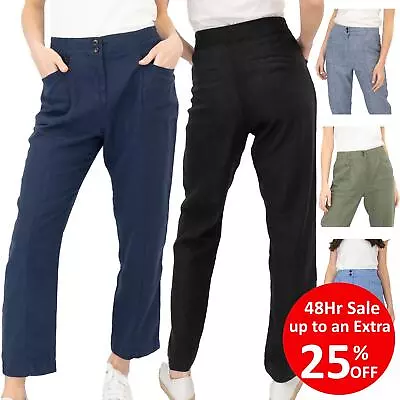 NEXT Womens Linen Trousers Straight Leg Blue Navy Khaki Black Elasticated Waist • £14.96