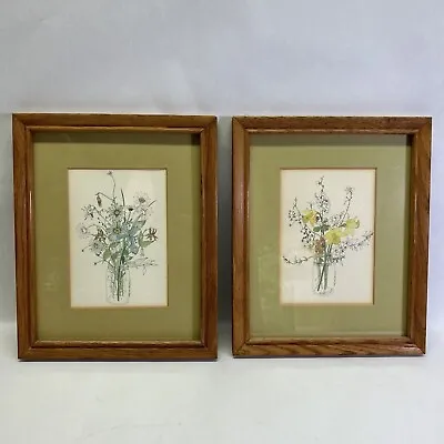 Mary Lou Goertzen Botanical Lithograph Prints 2 Signed  5 X7 Wood Framed • $38