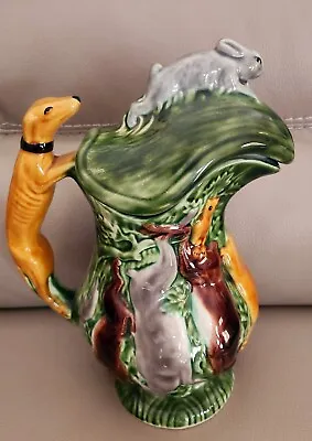 Majolica Greyhound Handle Hunting Pitcher Wild Game Rabbit On Lid Excellent !  • $25.99