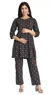 Cotton Printed Maternity Night Suit Set For Women (3/4 Sleeve Black) • $34.99