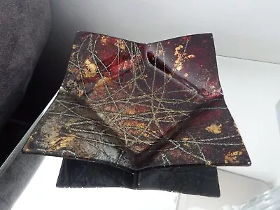 Abstract Art Glass Handkerchief Glass Dish Bowl Red Black & Gold 18 Cm  Square • £9.99