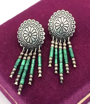 Vintage QT Signed Sterling Silver Navajo Concho Malachite Drop Stud Earrings • $35