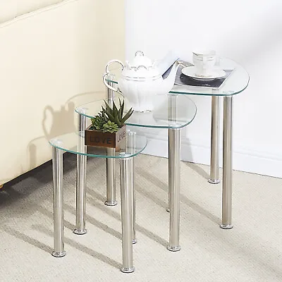 £47.17 • Buy Nest Of 3 Tempered Glass Tables Side End Sofa Lamp Corner Tables Metal Legs