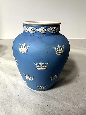 Vintage Blue Wedgwood Style Jasperware Vase - Unique Crown Style -4  Tall. • $11.50