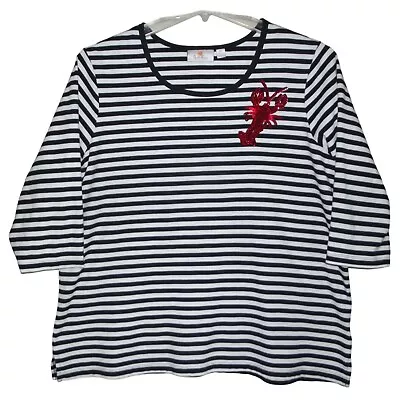 Quacker Factory Shirt XL White Black Striped Red Lobster Embellished Top Sequins • $14.99