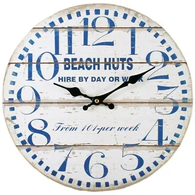 Shabby Chic Beach Hut 34cm Wall Clock Large Wooden Nautical Seaside Traditional • £8.99