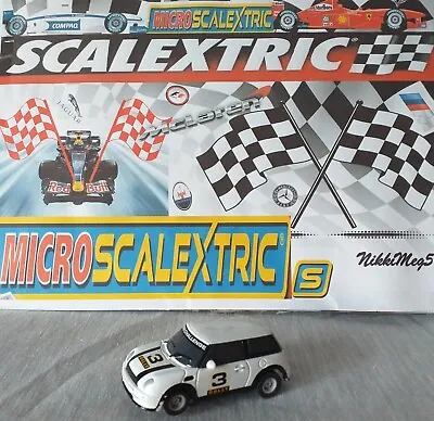BMW Mini Micro Scalextric Rally Car White #3  1:64 Scale Hornby Tested PreLoved • £11.99