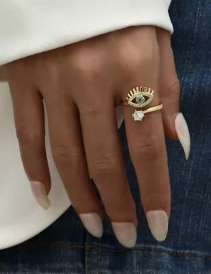 £4.95 • Buy Evil Eye Gold 18k Light Blue Ring Crystal Adjustable Resizable UK