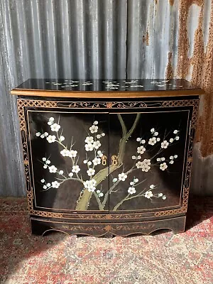 Antique Vintage Black Lacquer Chinoiserie Cabinet Cupboard Cherry Blossom Gold • £195