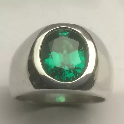 MJG STERLING SILVER  RING. HEAVY. 12 X 10mm OVAL LAB EMERALD. SIZE 9.5 • $95.83