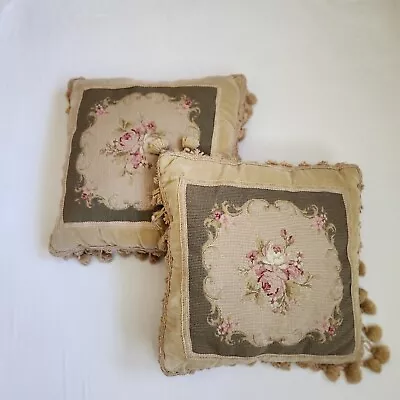 Vintage Pair Of Needlepoint Pillows Rose Roses Tassles Cottagecore Grandmacore • $39.99
