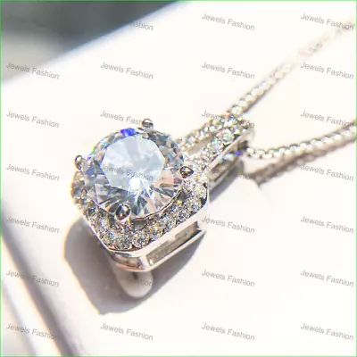 2CT Round Cut Natural Moissanite Halo Pendant Necklace In 925 Sterling Silver • $104.99