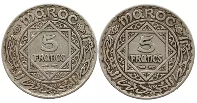 Morocco 5 Francs 1347 & 5 Francs 1352 Silver Coins • $12