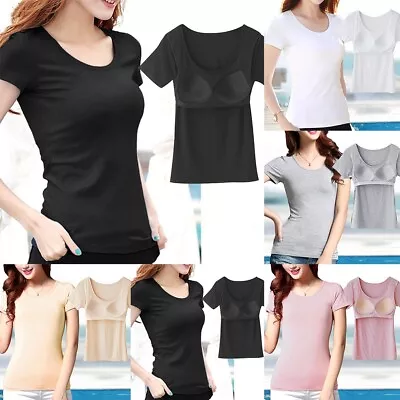 Ladies Short Sleeve T Shirt With Built In Bra And Push Up Padding For Yoga • £12.67