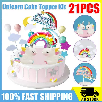 21pcs Unicorn Cake Topper Kit Cloud Rainbow Happy Birthday Banner Decorations AU • $15.45