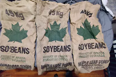 Lot Of 3 Vintage Burlap Gunny Jute Sack Maple Leaf Foods Soybeans Canada Toronto • $20