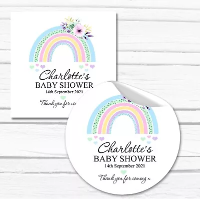 Personalised Baby Shower Party Stickers Thank You Favour Labels Pastel Rainbow • £3.29