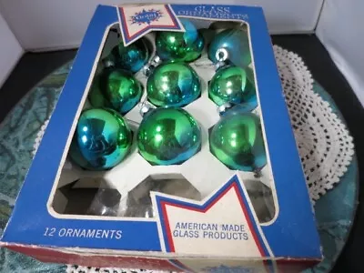 Vintage Coby Glass Ball Ornament Box/9 USA Green Blue • $24
