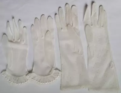 Lot Of 2 Vintage Nylon Dotted Swiss Cream Wrist Gloves Size Small 6.5  Hong Kong • $4.99