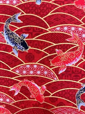 £5.16 • Buy Fish Fabric, Oriental Koi Carp, Japanese Red Gold Cotton, Chinese Asian