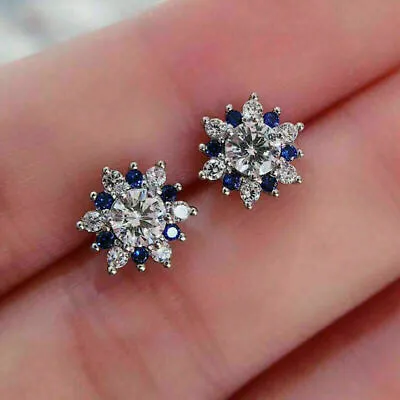 $171.77 • Buy 2.20 Ct Round Cut Diamond & Sapphire Cluster Stud Earrings 14K White Gold Finish