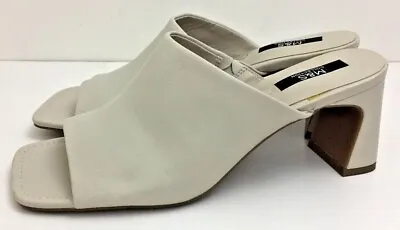 M&S Shoes Cream Leather Upper Square Open Toe Slip On Block Heeled Mules NEW F2 • £9.99