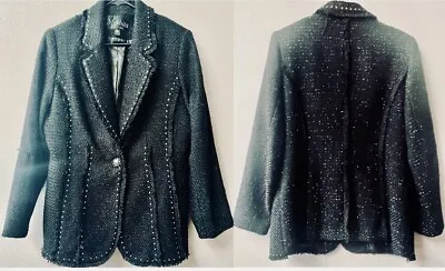 Moshita Coutour Vintage Black Frayed Tweed Rhinestone Embellished Blazer Size 12 • $42