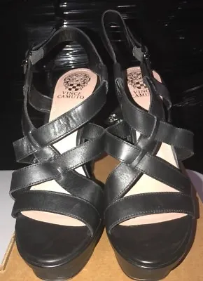 Vince Camuto Women's Cantara Platform Wedges Leather Sandal Black Size 10 • $28.37