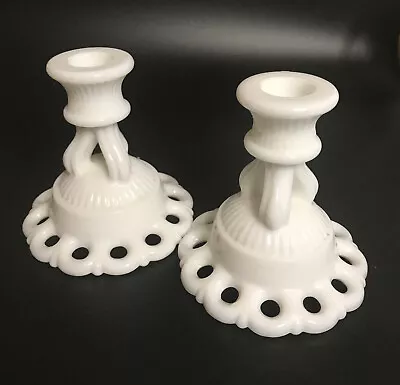 Vintage Westmoreland Doric Open Lace White Milk Glass Candle Stick Holders Pair • $15