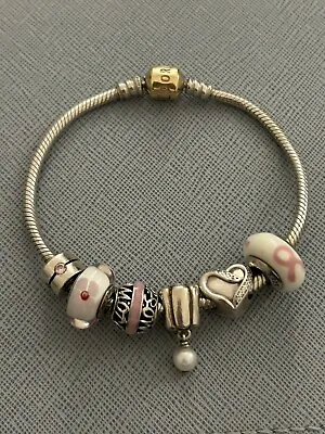 Pandora Silver Bracelet With 14ct Gold Clasp And 6 Beads In Box • £98