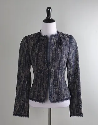 $49.99 • Buy ZAC POSEN Z SPOKE New York Fringe Textured Woven Navy Linen Jackt Top Size 4