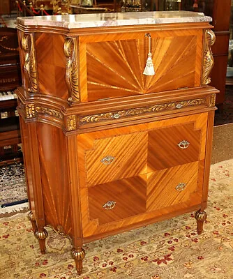 French Louis XVI Style Marble Top Carved Swan Kingwood Dresser High Chest C 1920 • $1950