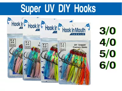 8 X DIY Super UV Flasher Hooks 3/0 4/0 5/0 6/0 Flathead Rigs Snapper Snatcher • $17.99