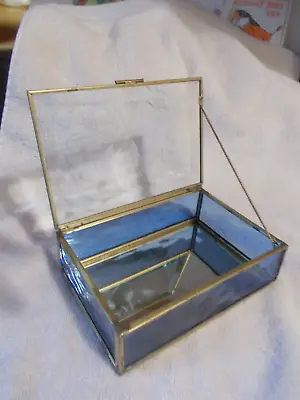 Vintage Glass & Metal Keepsake Box Blue Sides Mirrored Bottom Etched Wheat Lid • $15