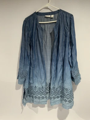 $24.99 • Buy Chico's Sz 3 16/18 Royal Dip Dye Blue Chambray Duster Cardigan Tunic Jacket XL