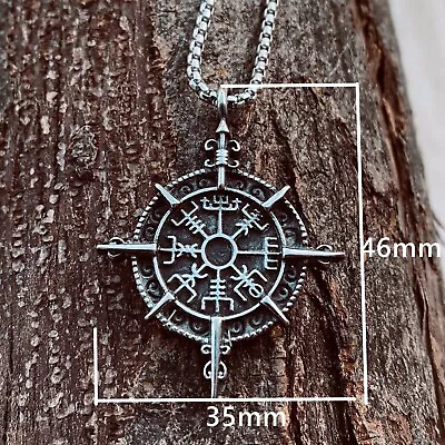 Stainless Steel Boys Mens Viking Vegvisir Compass Pendant Necklace Amulet Chain • $3.99