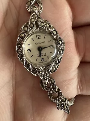 Old Vintage Ladies Watch Sentinel Marcasite Silver Plated Cocktail Style Wind Up • $125