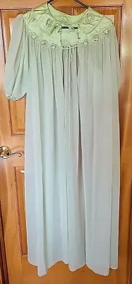 Vtg Mint Green Peignoir Robe Tie Satin Embroidered Neck Sheer Med Union Made SEE • $49.99