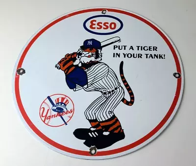 Vintage Esso Gasoline Sign - Yankees Gas Service Station Baseball Porcelain Sign • $140.37