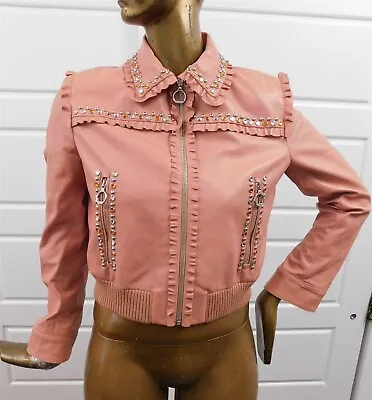 Miu Miu Salmon Leather Jeweled Bomber Jacket Sz EUR 44 • $599.99