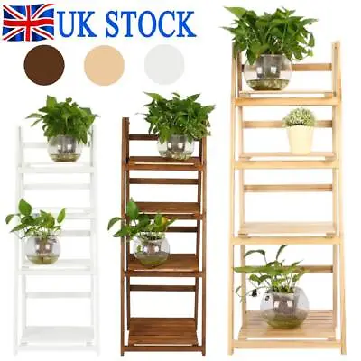 4 Tier Ladder Book Shelf Folding Plant Flower Display Unit Wooden Storage Rack • £26.22