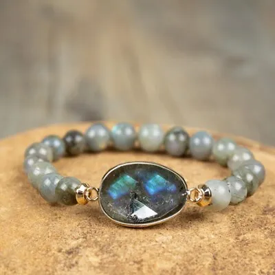 Natural Labradorite Round Beads Charm Handmade Healing Reiki Women Bracelet Gift • $13.98