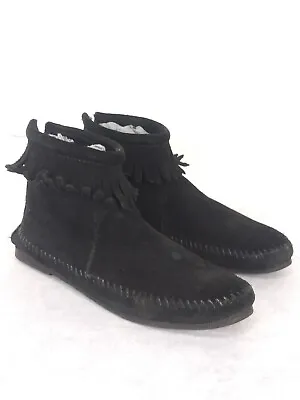 Minnetonka Ankle Moccasin Bootie Back Zip Fringed Black Suede Softsole Womens 6 • £17.36