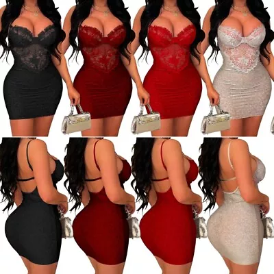 Women's Sexy Backless Lace Mesh Low Cut Bodycon Club Party Spaghetti Strap Dress • $15.99